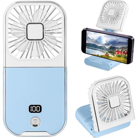 Mini ventilateur portable pliable avec écran LED, rechargeable par USB, alimenté par piles, ventilateur de bureau pliable à 180° pour bureau, maison, voyage, camping (bleu) (1/5)