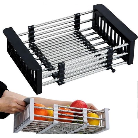 Égouttoir extensible télescopique en acier inoxydable panier réglable pour évier petit modèle noir pour égoutter les légumes (1/5)