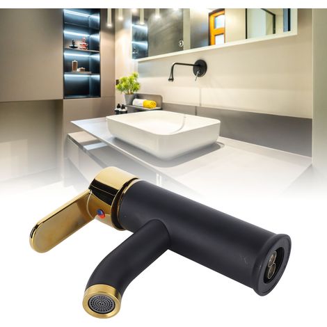 Robinet de lavabo monotrou à poser, robinet eau chaude et froide monotrou, robinet de lavabo à poser, modèle extra-plat noir et or - poignée en plastique avec 2 flexibles d'arrivée d'eau de 60 mm (1/5)