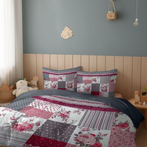 Housse De Couette - 140x200 cm - Motif Vintage Pois Rayures Patchwork - Fermeture Éclair Cachée - Anti-Froissement - Pour Enfant - 1 Pièce (1/5)