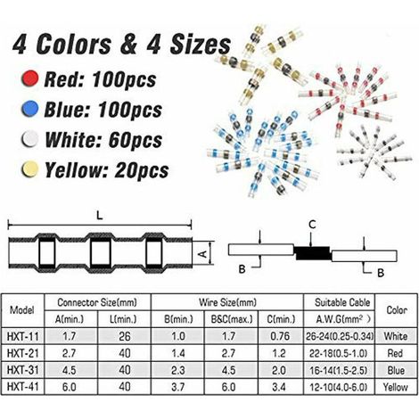 Cosses Electriques Souder Gaine Thermorétractable Cuivre Electrique Souder Joint Fil Câble Connecteur Retrait Thermique 4 tailles de serrage280pcs (1/4)
