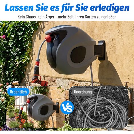 Enrouleur de tuyau d'arrosage automatique de 30 m avec buse de pulvérisation à 9 jets, fixation murale, verrouillage de rétraction réglable et rotation à 180° – Résistant aux UV et au gel – Kit comple