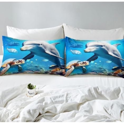 1 Parure de lit Thème marin, Housse de couette 90x190cm, Impression 3D dauphin, Pour chambre enfant et adulte (1/4)