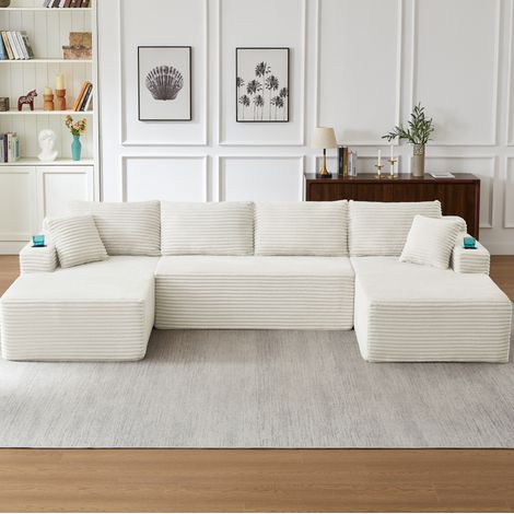 Canapé modulaire en velours côtelé beige 3 pièces sans montage (1/4)