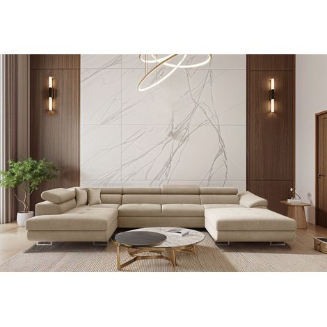 Wohnlandschaft Schlafsofa Sofa CARMELO in Stoff Nova Beige Ottomane Rechts (1/3)