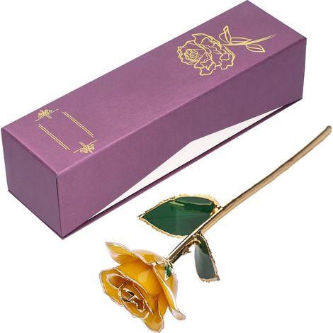 Rose jaune véritable plaquée or 24 carats avec socle - Cadeau de Saint-Valentin pour votre bien-aimé(e) (1/5)