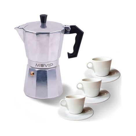 Muvip mv0600 caffettiera de alluminio - capacità 3 tazze - manico ergonomico - antiaderente - adatto per piani di cottura elettrici, in vetroceramica e a gas - colore alluminio