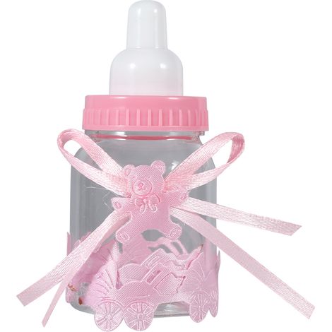 Boîte de 12 bouteilles de chocolat et bonbons roses, idéale pour les cadeaux et décorations de fête prénatale. (1/5)