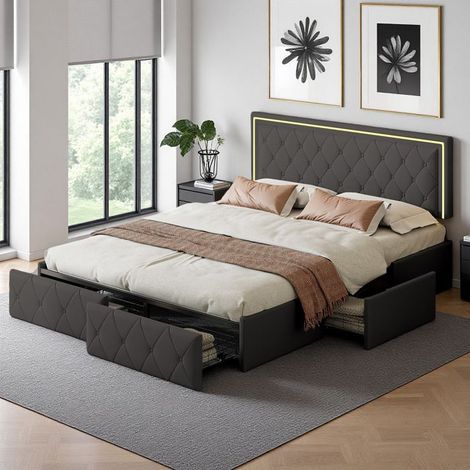 Bett 140x200 cm, TT04, dimmbares LED, moderner Stil, Erwachsenenbett, Doppelbettgestell 140x200 cm, PU, Grau
