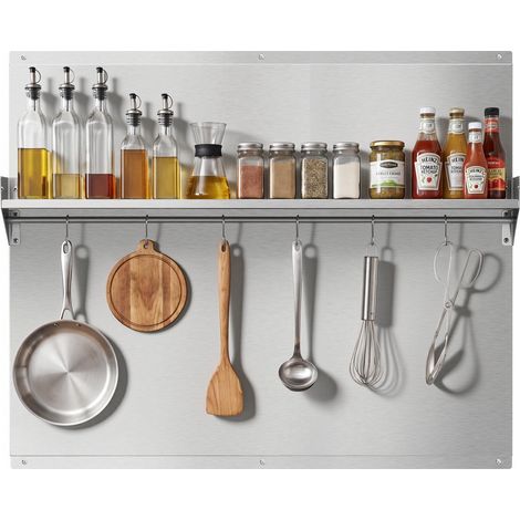 Crédence de Cuisine en Inox, Plaque Anti Projection Murale 91x76 cm avec Étagère et Crochets, pour Cuisinière et Table de Cuisson, Fond de Hotte avec Trous Pré-percés, Résistant à la Chaleur (1/5)