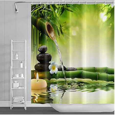 Rideau de Douche 180x180 cm en Polyester avec Crochets - Motif Zen Bambou Vert, Bougie et Pierres de Spa pour Salle de Bain (1/4)