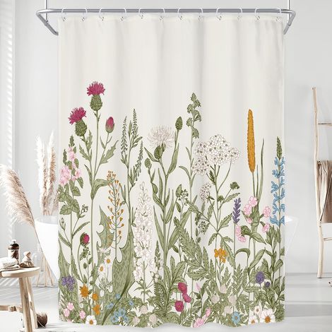 Juego de 12 cortinas de ducha florales con hojas verdes, accesorios decorativos para el baño (150x180cm) (1/5)