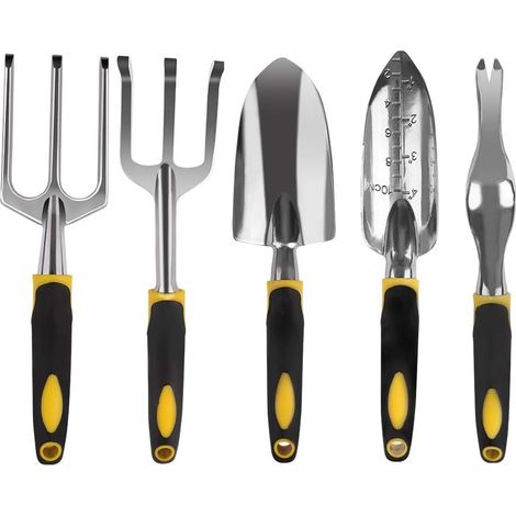 Kit d'outils de jardinage 5 pièces en aluminium comprenant fourche, désherbeur, griffe et transplantoir. (1/5)