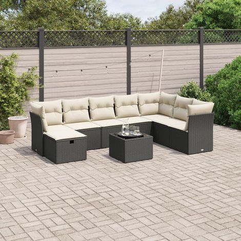 Ensemble Salon Jardin 9 Pièces Noir Résine Tressée avec Table Verre Trempé et Coussins Détachables (1/4)