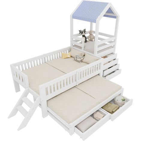 Lit cabane enfant 90x200 avec lit gigogne 90x190, escalier latéral, 4 tiroirs à droite et rangements sous le lit, blanc, bois, CHICFURN (1/5)