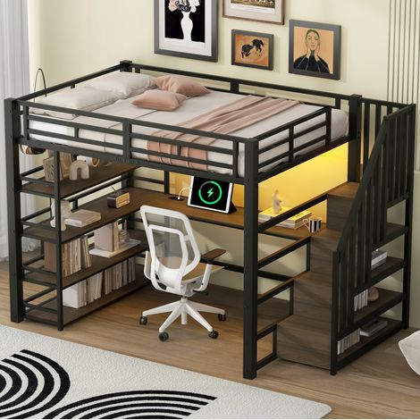 Lit mezzanine en métal noir 140x200 cm avec bureau, rangements et LED
