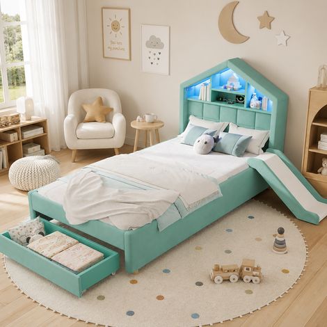 Lit enfant 90x200 cm en velours bleu vert, tête de lit maison avec étagères, LED et port de charge, toboggan réversible, grand tiroir de rangement – CHICFURN (1/5)