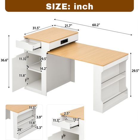 Isla de cocina extensible 153x80x93 cm de MDF blanco con enchufes, ahorro de espacio – MEUBLIV (1/5)