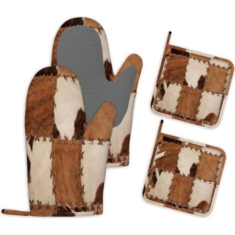 Lot de 5 Gants de Cuisine et Maniques Imprimé Vache Brune Gants et Maniques en Silicone Antidérapants Résistants à la Chaleur pour Barbecue Cuisine Grillades Pâtisserie et Micro Ondes (1/5)