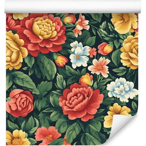 Papel pintado estético de flores verdes y doradas para salón y dormitorio, 50x1000 cm. (1/5)