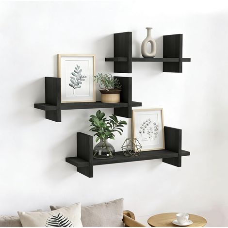 Lot de 3 étagères murales en bois massif noir pour cuisine, salon, chambre à coucher, salle de bain - Facile à monter - Étagère murale décorative (1/5)