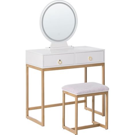 Toeletta con 4 cassetti specchio LED bianco e oro e sgabello Auxon