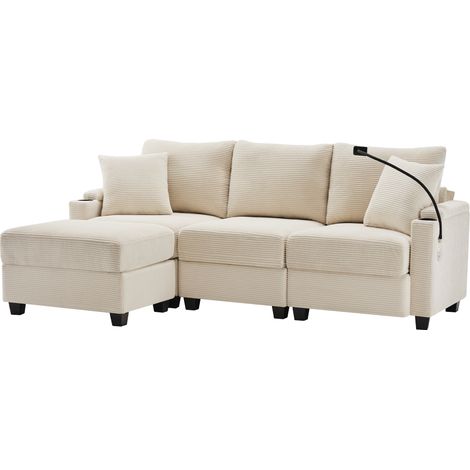 Divano angolare a L convertibile 3 posti in velluto beige con pouf e USB (1/5)