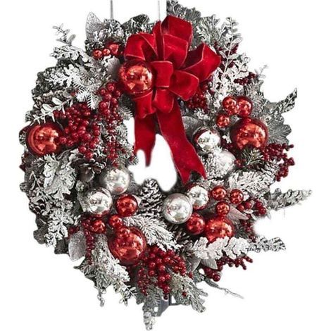 Artificial rattan Christmas wreath covered in snow, upside-down tree, red bow, ribbon, scene layout, glittery baubles, Christmas door decoration, hanging garland for the holiday (1/4)