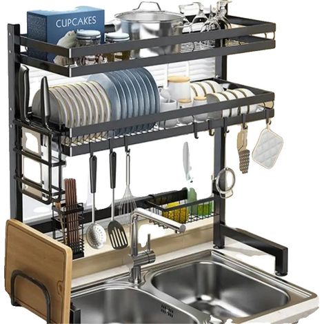 Escurridor de platos de doble nivel, diseño que ahorra espacio, color negro. (1/5)