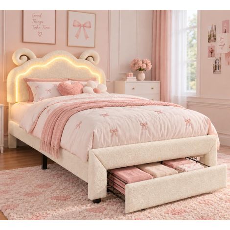 Kinderbett 90x200 cm Polsterbett mit niedlichem Schaf-Kopfteil, RGB LED-Beleuchtung und Schublade, Lattenrost, weicher Teddy-Plüschstoff, Beige (1/5)
