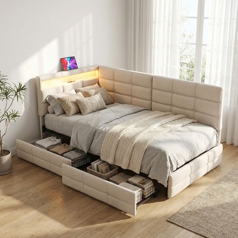 Letto 90x200 con 2 cassetti, letto per adulti, letto singolo imbottito con illuminazione LED e porte USB, divano letto, design minimalista trapuntato, Beige