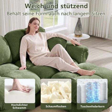 Canapé d'angle en forme de L 3 places vert, avec pouf mobile et 2 coussins décoratifs, matelassage fin, assises épaisses, moelleux et soutenant, montage facile, idéal pour salon. (1/5)