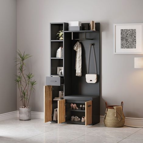 Porte-manteaux 80x35x175cm avec crochets et établi à chaussures. Armoire d’entrée noir + bois pour couloir. (1/5)