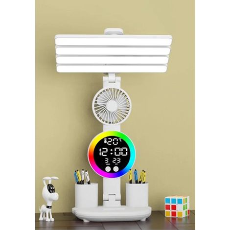 Lámpara de lectura con pantalla de reloj LED, lámpara de mesa de estudio recargable, lámpara de escritorio con ventilador. (1/5)
