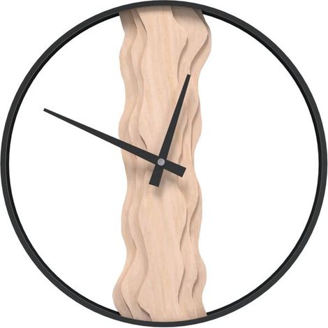 Horloge murale marron, 35 cm de diamètre, en fer et chêne. (1/5)