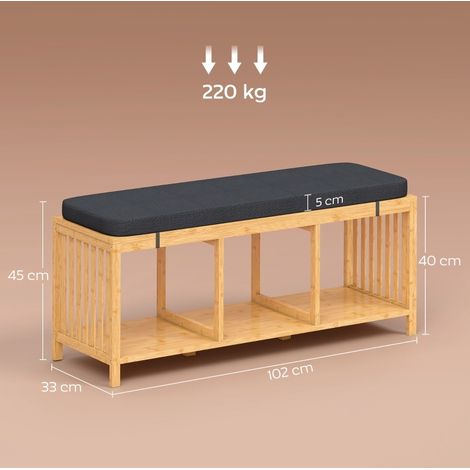 Banc de rangement en bambou avec coussin rembourré et étagères ouvertes, 102 cm, bois naturel (1/5)
