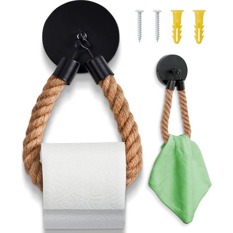 Wandmontierter Toilettenpapierhalter (Bohren/Kleben erforderlich) – Schwarzer Toilettenpapierhalter – Toilettendekoration im Industriestil mit Juteseil – Toilettenpapierhalter aus Holz – Wandmontierte (1/5)
