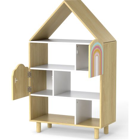 Kids Dollhouse Bookshelf House-shaped Bookcase Children Toy Storage Organizer-Natural (1/5)