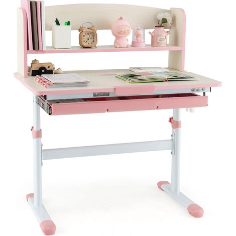 Scrivania per bambini regolabile con piano inclinabile, cassetto e ripiano - Rosa (1/5)