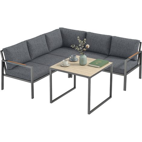 3-teiliges Garten-Lounge-Set für 5 Personen in Dunkelgrau, 2 bequeme, dick gepolsterte Sofas, Couchtisch 183x183x72cm, langlebige Gartenmöbel für Terrasse oder Balkon.