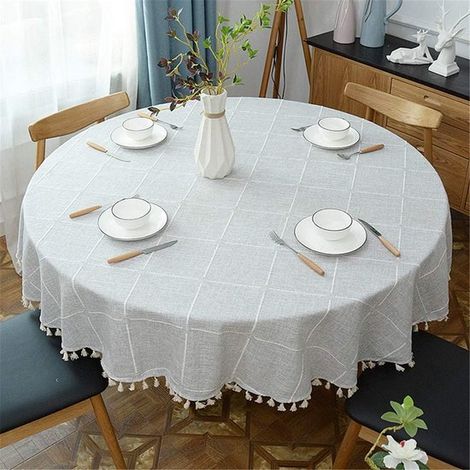 Tovaglia rotonda a quadri con nappe, in cotone spesso e morbido, impermeabile, ideale per cucina e sala da pranzo, beige, 200 cm. (1/2)