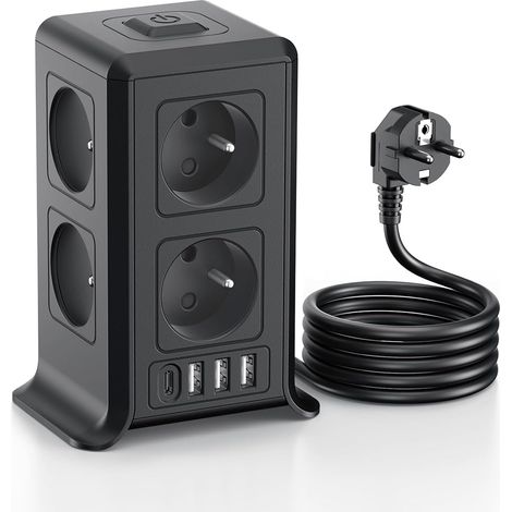 Multiprise avec Interrupteur Tour, 12 en 1 Prise Multiple avec 8 Prises et 4 USB, Multiprise 1 USB C et Rallonge Electrique 2M, Multi Prise Electrique, Maison, 3680W, Noir (1/5)