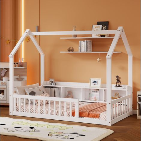 Etagenbett 90/200 cm Weiß aus Kiefernholz mit Hausdach, Sicherheitsgittern und Ablagen (1/5)