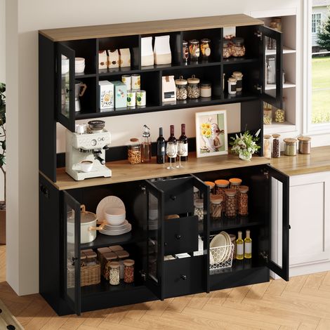 Meuble de cuisine 150x40x173 cm, armoire haute avec LED, 6 portes acryliques, 3 tiroirs, 2 prises AC et 2 USB - Noir + Naturel (1/5)