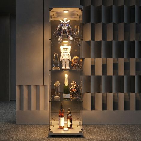 LED-Glasvitrine mit 4 Einlegeböden, Türen aus gehärtetem Glas mit Schloss, 42,5 x 36,5 x 164 cm, für Sammlerstücke und Kunstobjekte, Weiß