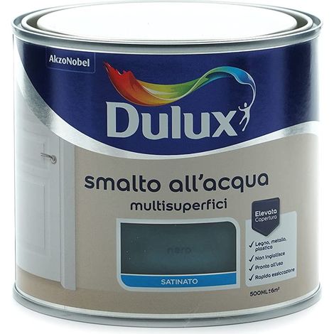 Dulux Smalto Satinato all'Acqua per Metallo Plastica e Legno Pronto all'Uso per Esterni e Interni, 0.5 Litri, Nero (1/5)