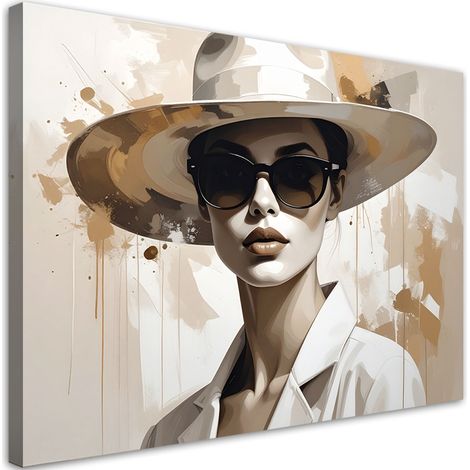 Tabelau sur Toile, Femme élégante avec chapeau dans une composition beige,60x40 (1/4)