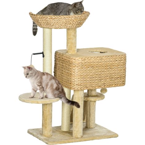 Arbre à chat avec niche, panier d'observation, plateformes, pompons suspendus 60 x 40 x 98 cm beige