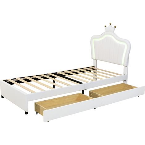 Lit enfant rembourré PU blanc 90x200 cm avec tiroirs de rangement, LED multicolore, sommier à lattes inclus (1/5)