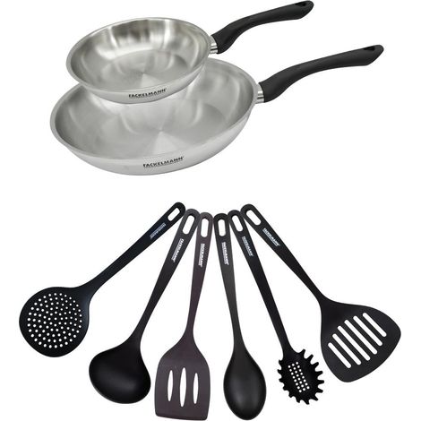 Set 2 poêles 20 et 28 cm en inox et 6 ustensiles Fackelmann Geneva (1/5)